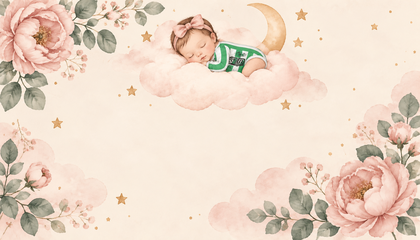 Ilustración en acuarela de flores rosadas y una bebé durmiendo sobre una nube, con la camiseta verde y blanca de Atlético Nacional